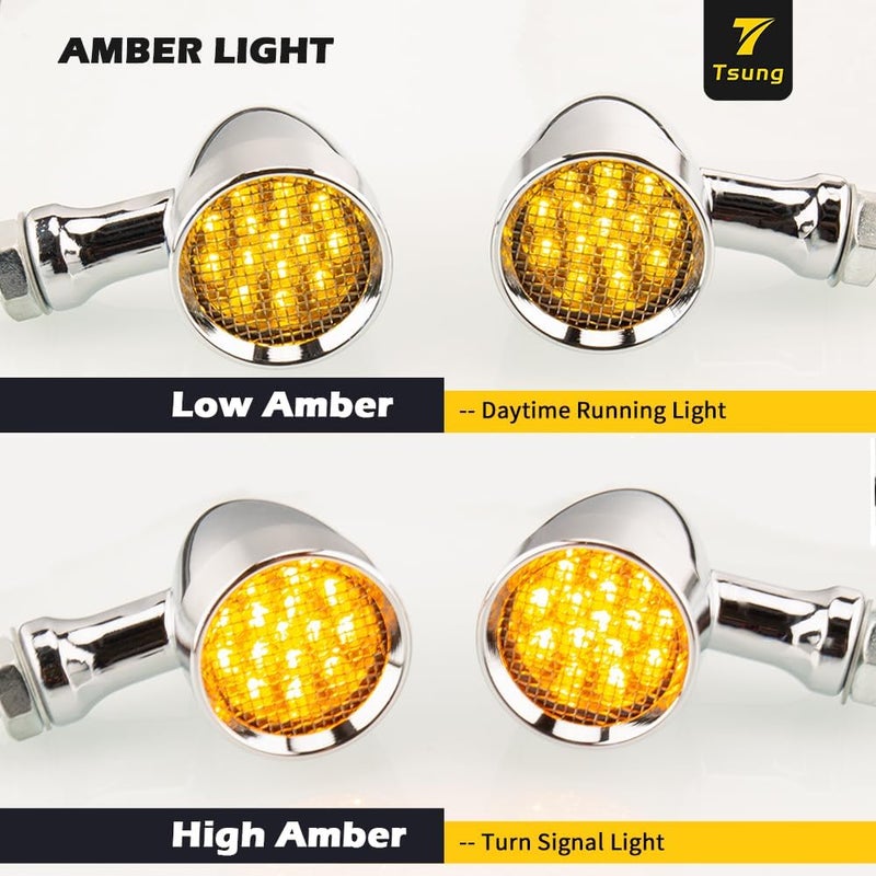 TSUNG Bullet LED Turn Signal Light Motorcycle Front Rear Indicator Small Blinker Universal for Cruiser Chopper Bobber Cafe Racer Street Bike (A-Chrome-Amber) - Image 3